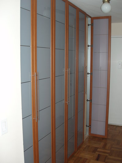 Entire wall of closets in hallway