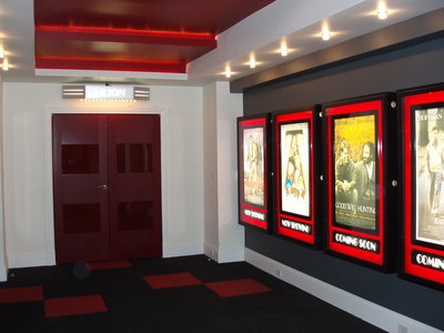 Home theater entrance in Rubino red natural leather and glass, double door model DUETTO, made in Italy