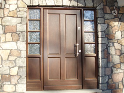 Front entry 4" thick single door model C141 with two sidelights, equipped with Biometric Fingerprint access